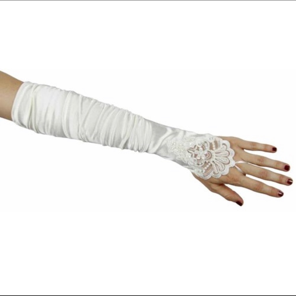 Fingerless Long Gathered and Beaded Gloves